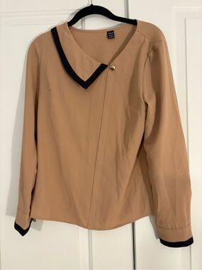 Women's Tan Long-Sleeve Blouse with Contrast Trim